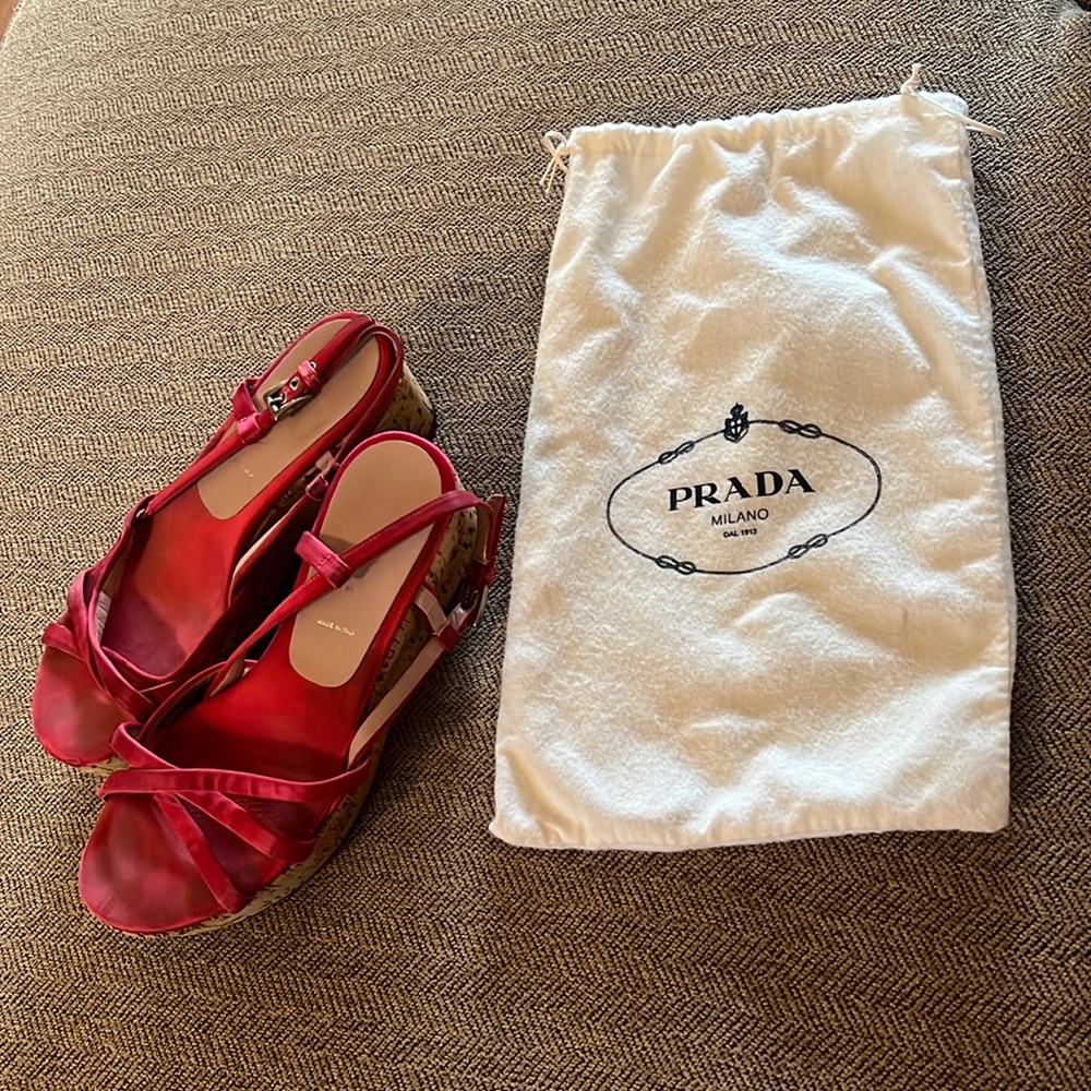 Prada Raso satin cork wedge sandal with cotton dust bag, as is